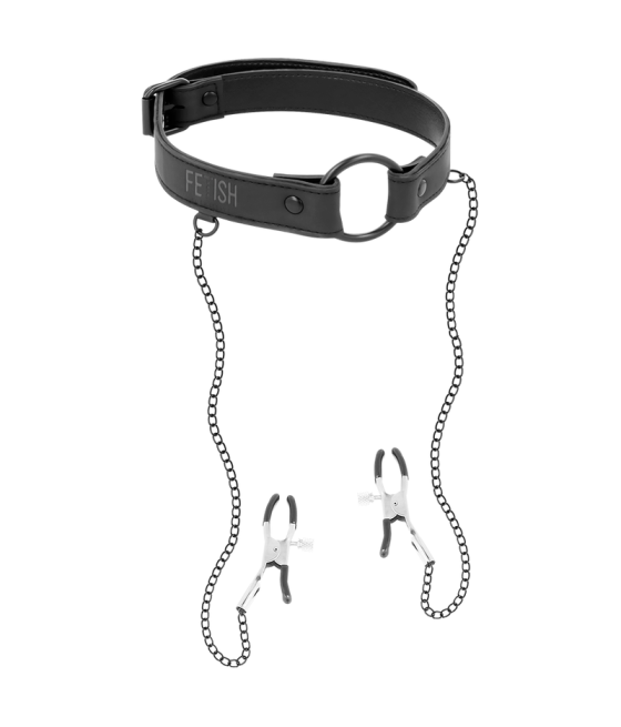 FETISH SUBMISSIVE - ANELLO GAG CON MORSETTI PER CAPEZZOLI