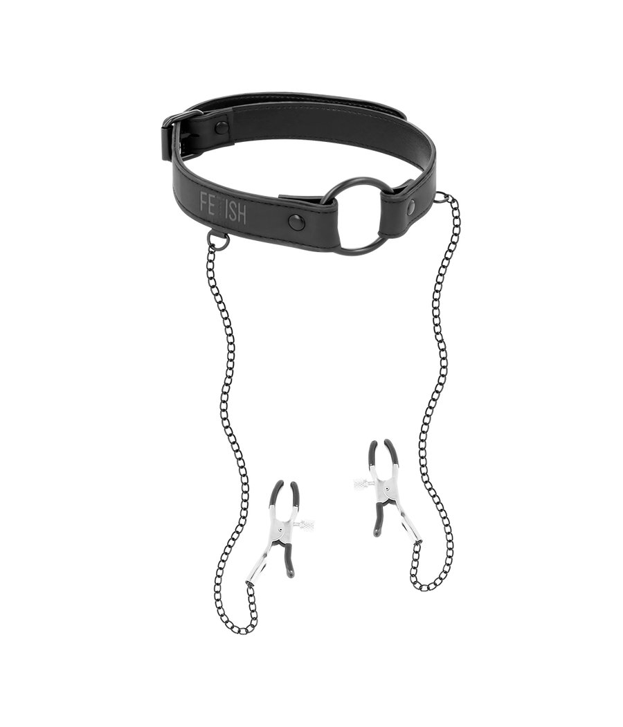 FETISH SUBMISSIVE - ANELLO GAG CON MORSETTI PER CAPEZZOLI