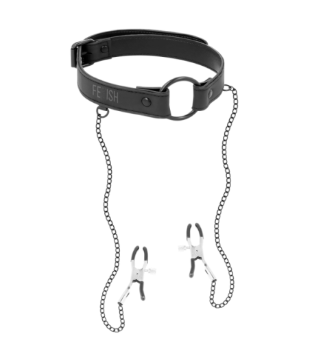FETISH SUBMISSIVE - ANELLO GAG CON MORSETTI PER CAPEZZOLI