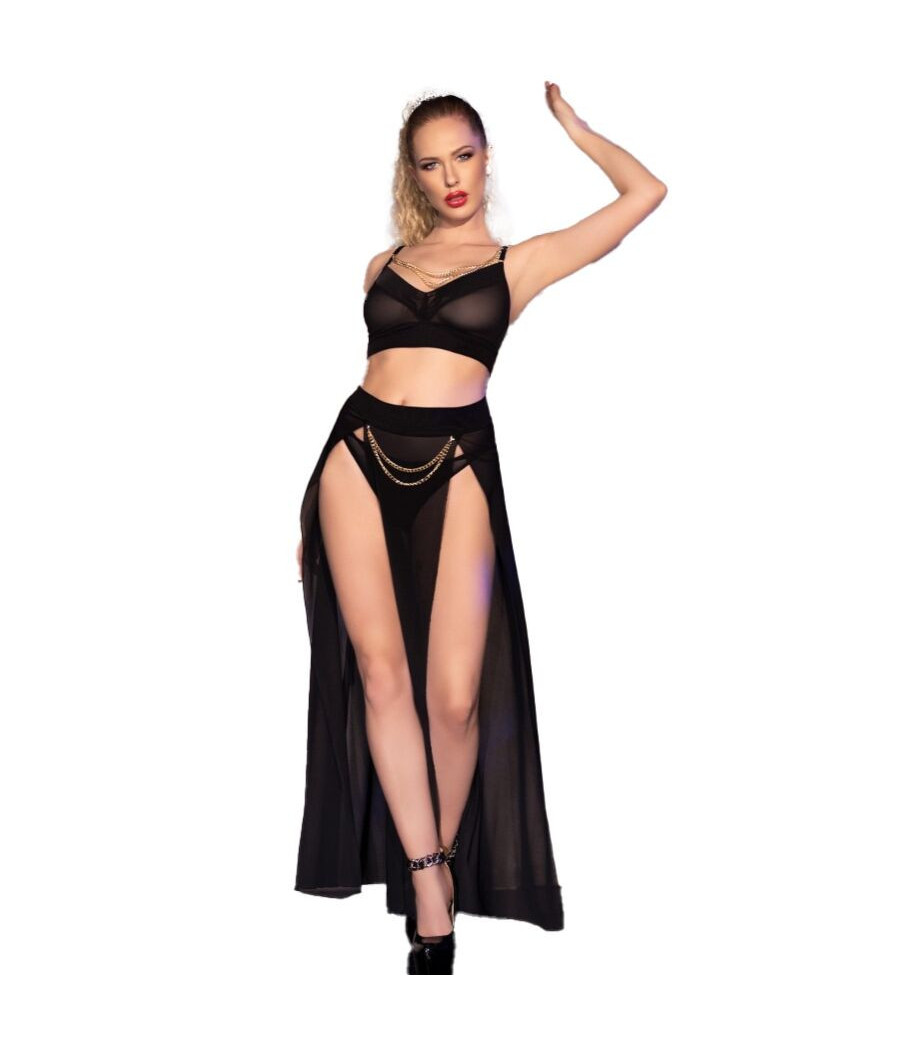 CHILIROSE - CR 4672 TOP NEGRO FALDA Y TANGA CON CADENAS DORADAS S