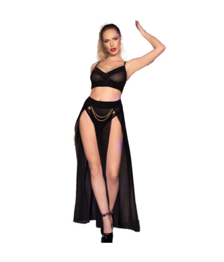 CHILIROSE - CR 4672 TOP NEGRO FALDA Y TANGA CON CADENAS DORADAS S