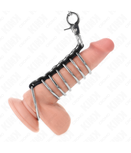 KINK - 7 ANELLI PER PENE IN METALLO DA 3,8 CM A 5 CM COLLEGATI CON PELLE E CATENA IN METALLO 100 CM