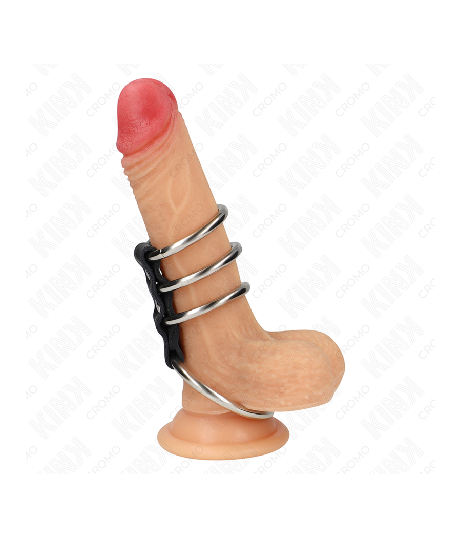 KINK - 4 ANELLI PER PENE IN METALLO DA 3,7 CM A 5 CM COLLEGATI DA PELLE