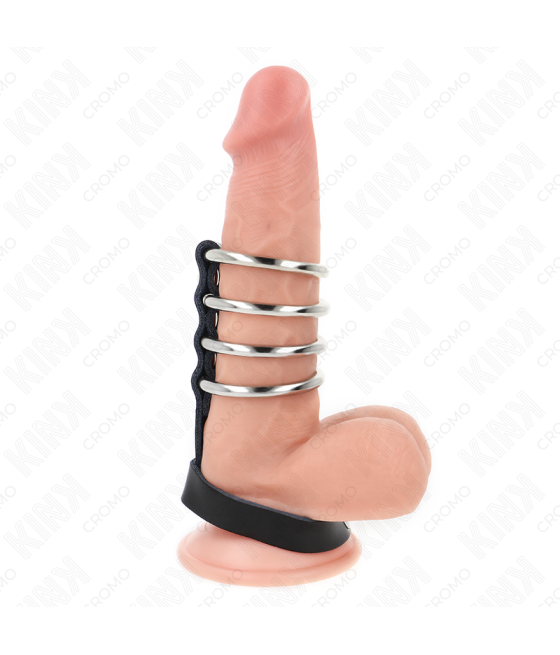 KINK - 4 ANELLI PER PENE IN METALLO DA 3,8 CM COLLEGATI CON CINTURINO IN PELLE DA 22 X 1,5 CM E CHIUSURA A PRESSIONE