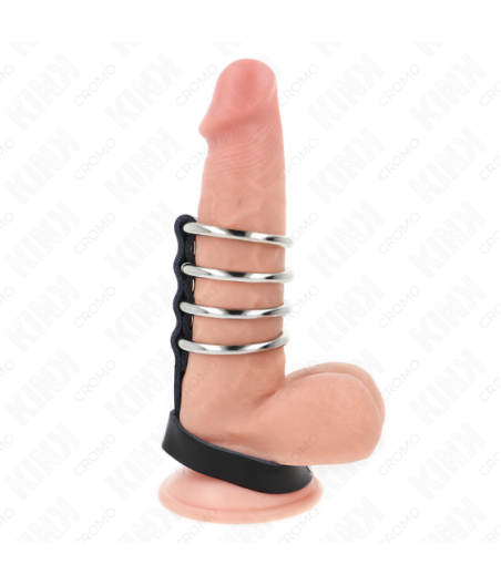 KINK - 4 ANELLI PER PENE IN METALLO DA 3,8 CM COLLEGATI CON CINTURINO IN PELLE DA 22 X 1,5 CM E CHIUSURA A PRESSIONE
