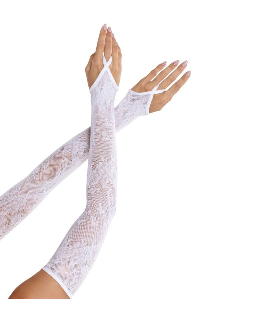 LEG AVENUE - GUANTI SCALDA MANICOTTI IN PIZZO FLOREALE EXTRA LUNGHI BIANCHI