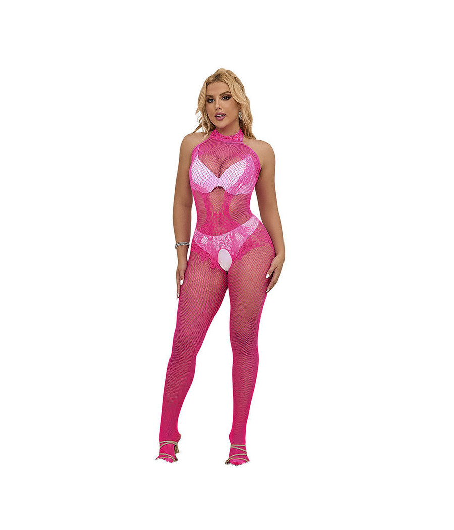 SUBBLIME - 952389 BODYSTOCKING A RETE E PIZZO SENZA CAVALLO CON COLLO ALTO ROSA TAGLIA UNICA