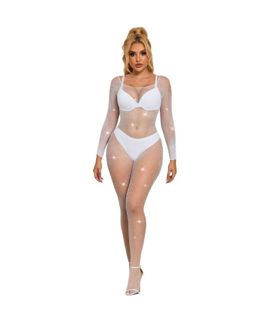SUBBLIME - 952396 BODYSTOCKING A RETE CON STRASS MANICA LUNGA BIANCO TAGLIA UNICA