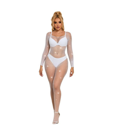 SUBBLIME - 952396 BODYSTOCKING A RETE CON STRASS MANICA LUNGA BIANCO TAGLIA UNICA