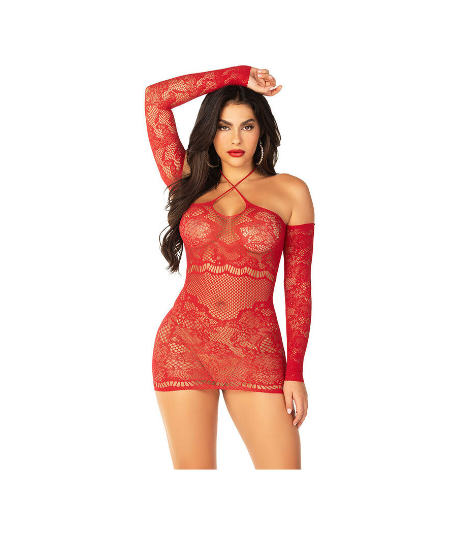 LEG AVENUE - ABITO MINI A RETE CON MANICHE LUNGHE E SPALLE SCOPERTE ROSSO