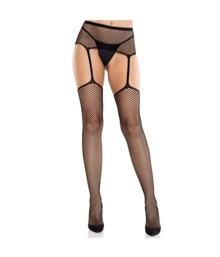 LEG AVENUE - CALZE IN PIZZO CON CROCE E CINTURA REGGICALZE NERE
