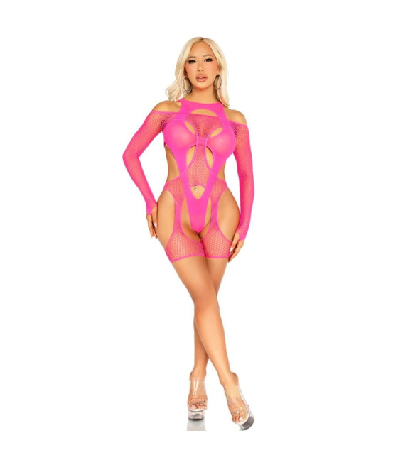 LEG AVENUE - BODYSTOCKING A RETE CON CINTURA E IMBRACATURA ROSA NEON