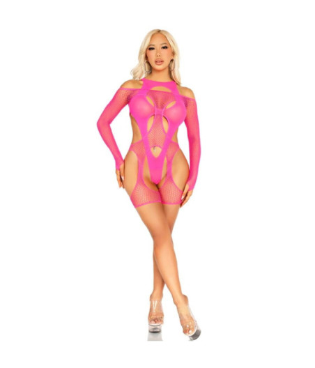 LEG AVENUE - BODYSTOCKING A RETE CON CINTURA E IMBRACATURA ROSA NEON
