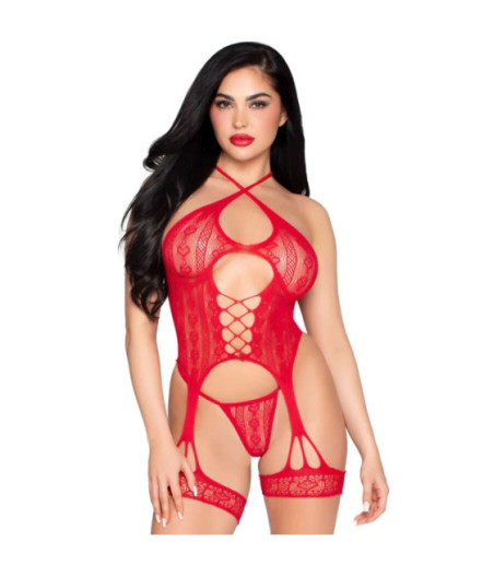 LEG AVENUE - 89338 BODY APERTO IN PIZZO CON CINTURINO E PERIZOMA ROSSO - TAGLIA UNICA